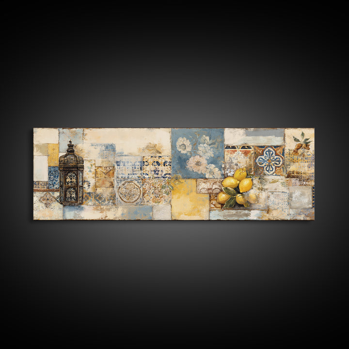 Mediterranean Lemons and Blue Tile Pattern Framed Canvas Print, Patio Art, Beach House Decor, Patio Decor, Fine Art, Outdoor, PAT-3x1-90