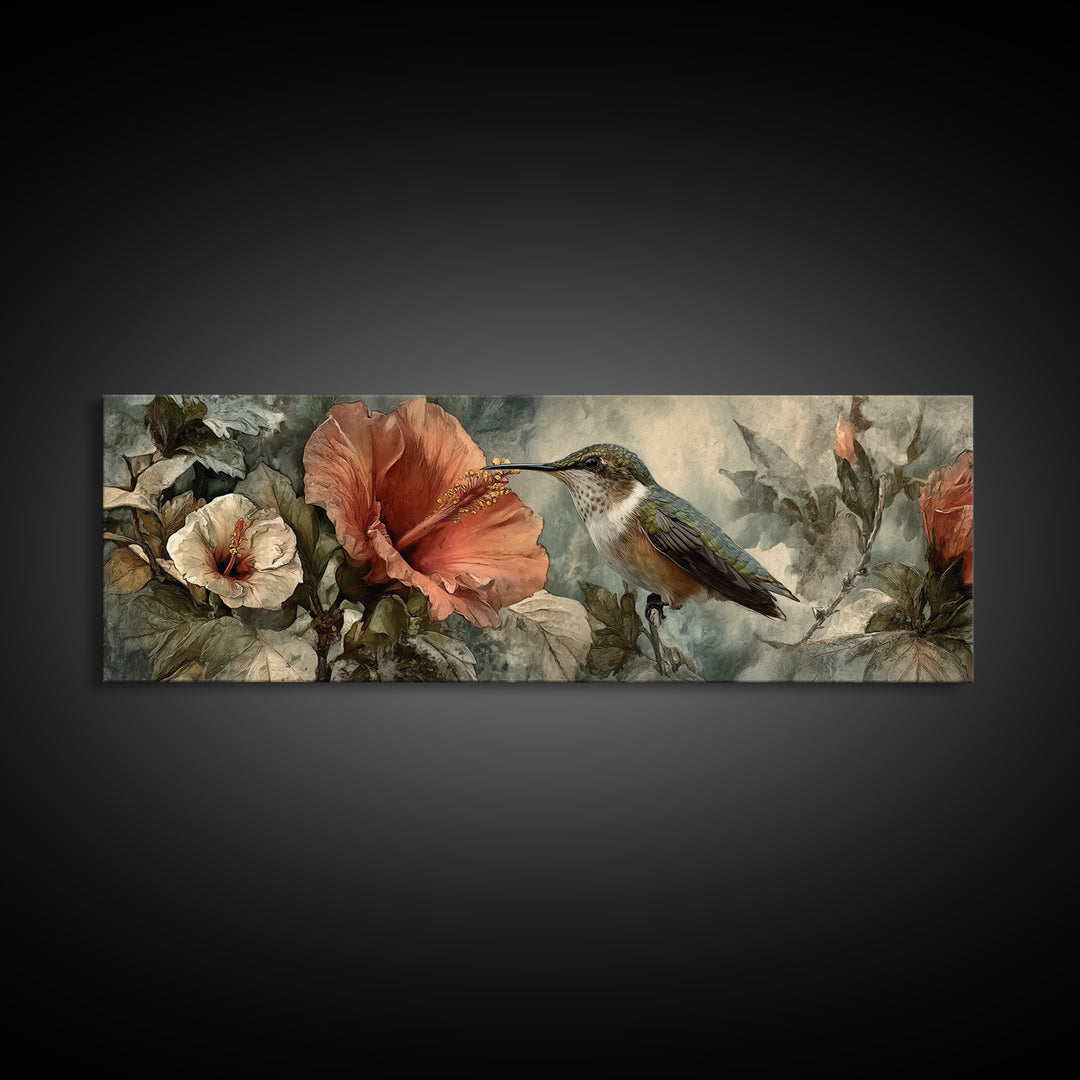 Hummingbird Visiting Bright Hibiscus Canvas Print, Patio Art, Room Decor, Patio Decor, Fine Art, Outdoor, Garden Art, PAT-3x1-91