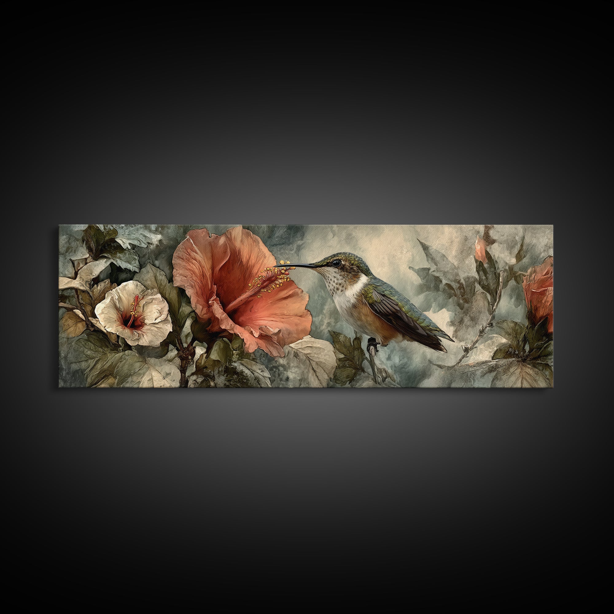 Hummingbird Visiting Bright Hibiscus Canvas Print, Patio Art, Room Decor, Patio Decor, Fine Art, Outdoor, Garden Art, PAT-3x1-91