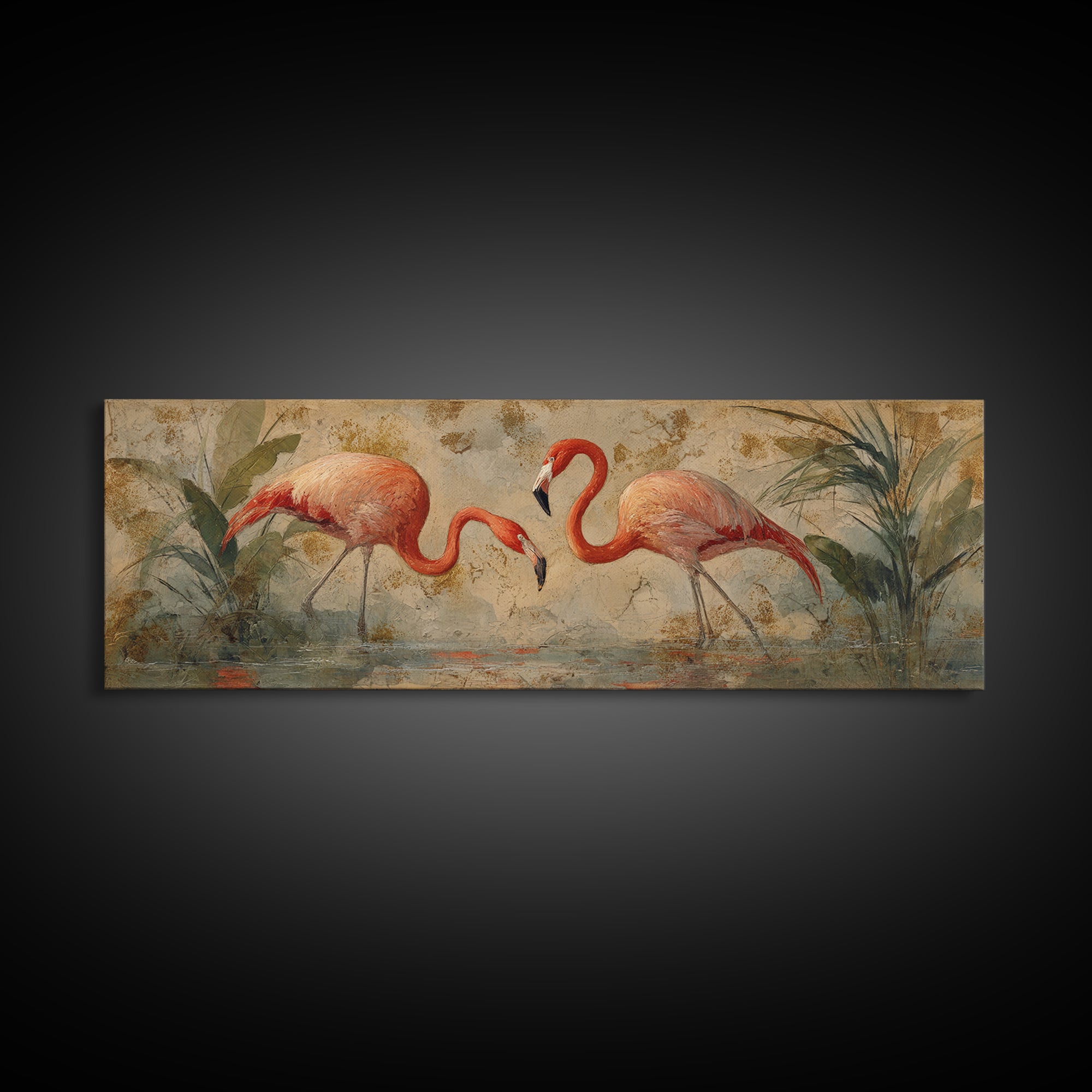 Flamingo Pair Beside Shallow Water Canvas Print, Patio Art, Floral Art, Patio Decor, Fine Art, Outdoor, Statement Artwork, PAT-3x1-98