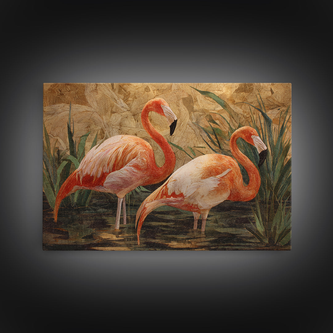 Flamingo Pair Beside Shallow Water Framed Canvas Print, Patio Art, Garden Decor, Patio Decor, Fine Art, Outdoor, Beach Art, PAT-3x2-14