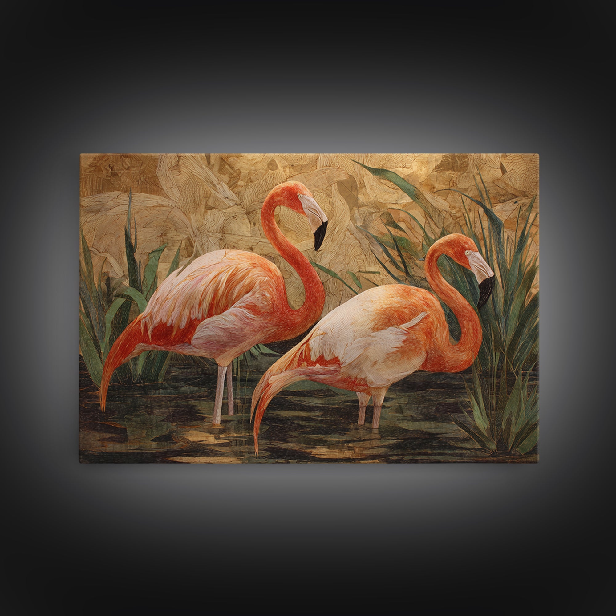 Flamingo Pair Beside Shallow Water Framed Canvas Print, Patio Art, Garden Decor, Patio Decor, Fine Art, Outdoor, Beach Art, PAT-3x2-14