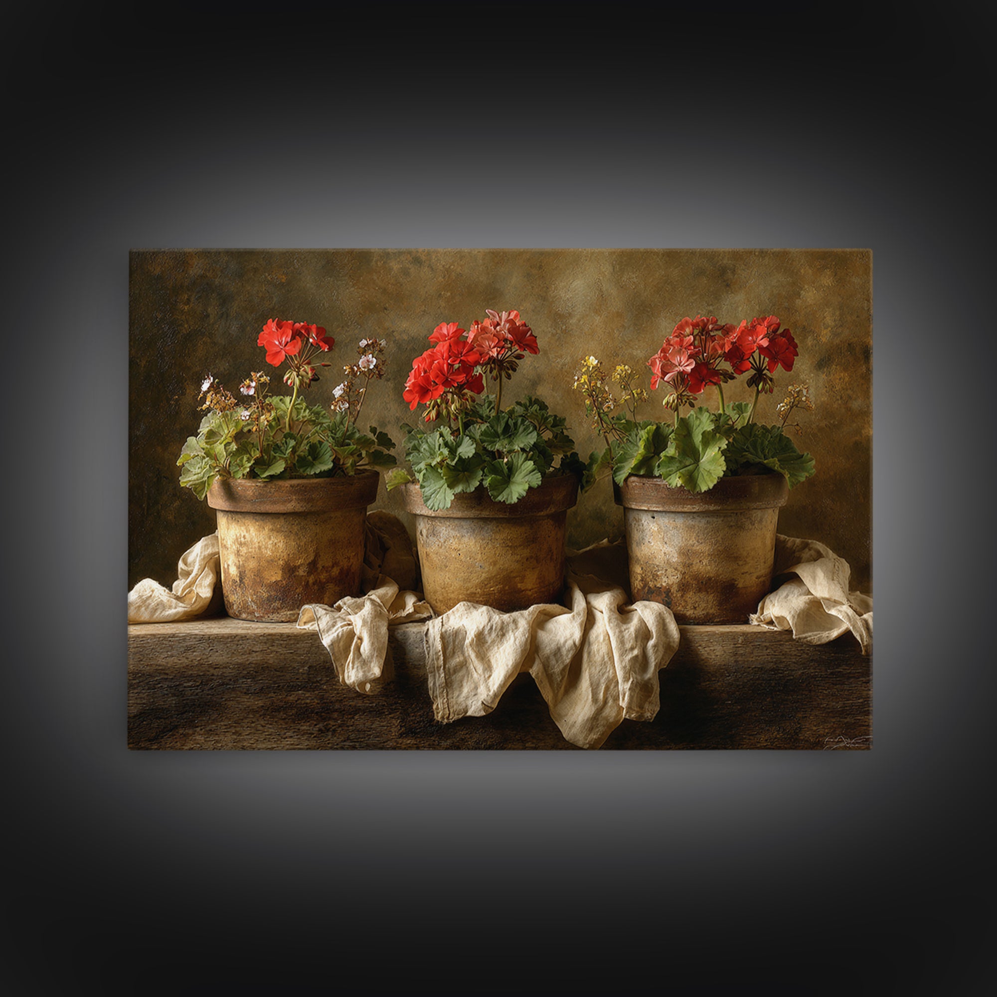 Potted Geraniums in Rustic Clay Pots Framed Canvas Print, Patio Art, Garden Art, Patio Decor, Outdoor, Beach House Decor, PAT-3x2-18