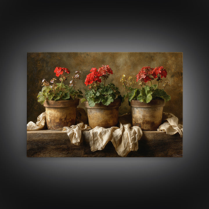 Potted Geraniums in Rustic Clay Pots Framed Canvas Print, Patio Art, Garden Art, Patio Decor, Outdoor, Beach House Decor, PAT-3x2-18