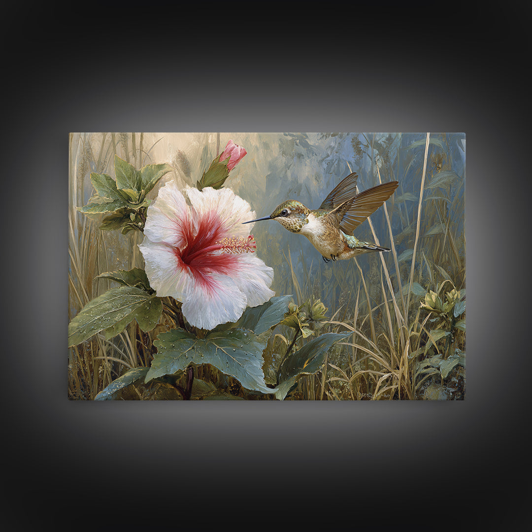 Hummingbird Visiting Bright Hibiscus Framed Canvas Print, Patio Art, Patio Cushions, Patio Decor, Outdoor, Luxury Decor, PAT-3x2-31