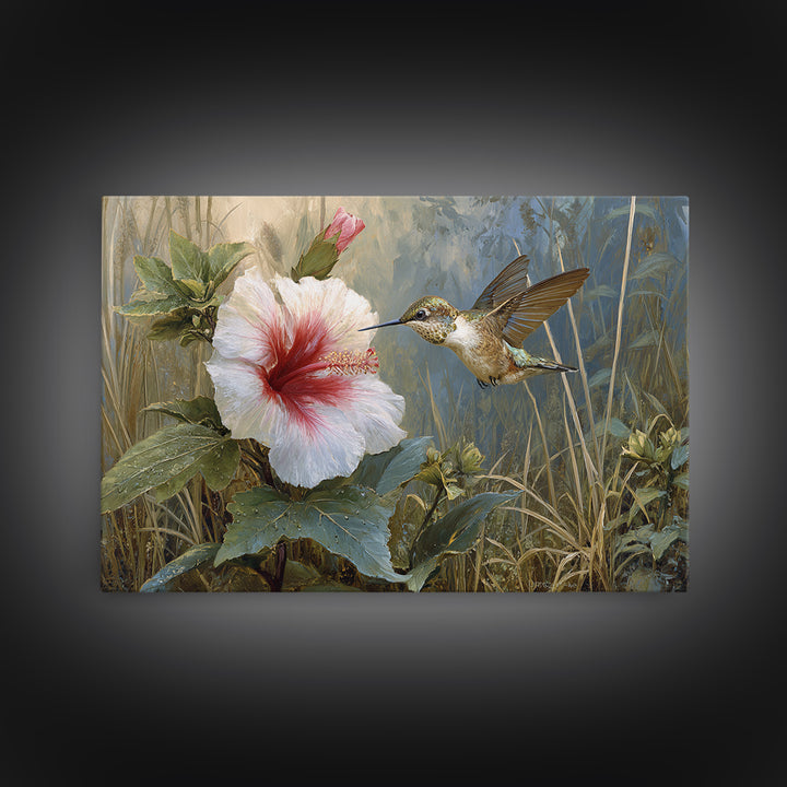 Hummingbird Visiting Bright Hibiscus Framed Canvas Print, Patio Art, Patio Cushions, Patio Decor, Outdoor, Luxury Decor, PAT-3x2-31