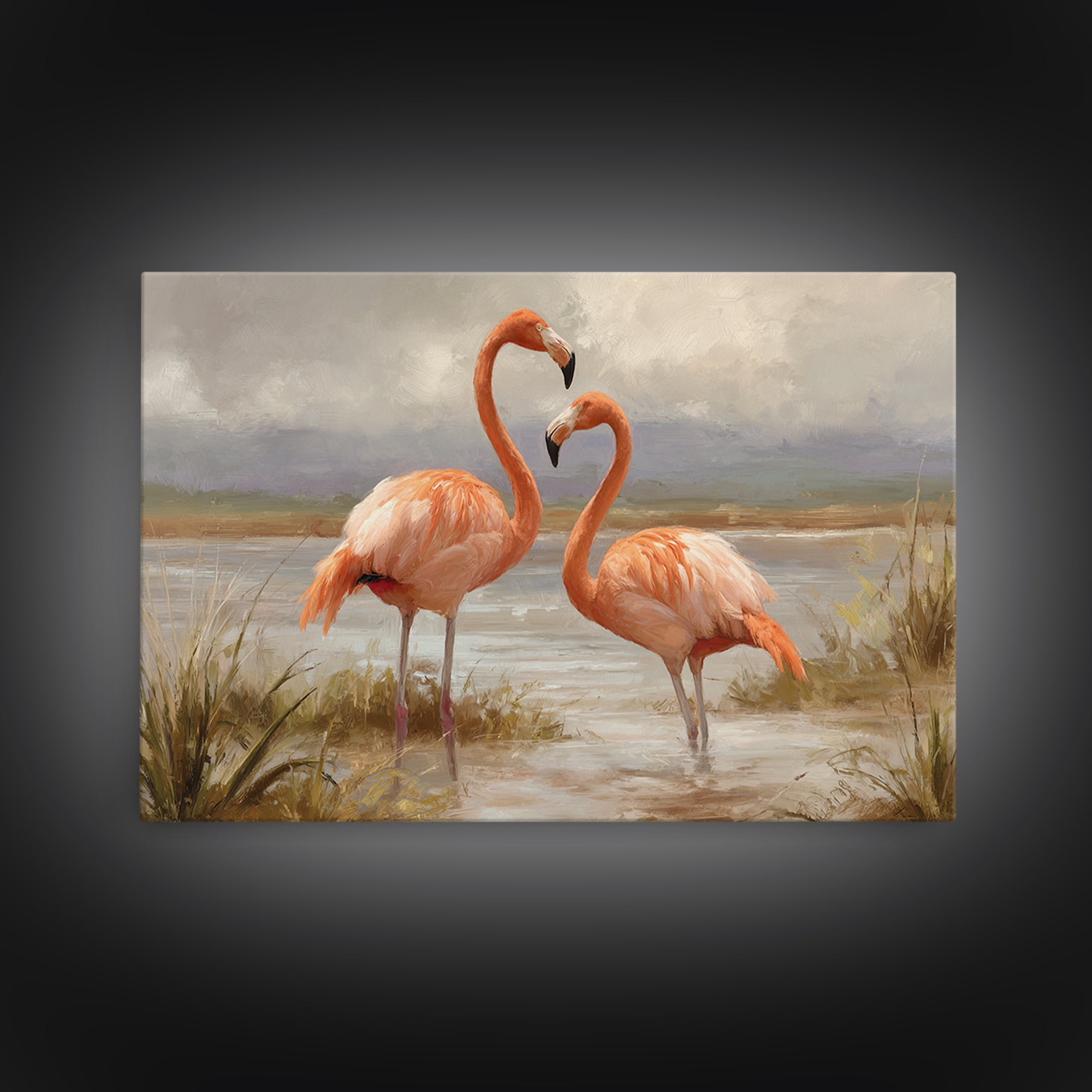 Flamingo Pair Beside Shallow Water Canvas Print, Patio Art, Outdoor Wall Decor, Patio Decor, Fine Art, Outdoor, Yard Decor, PAT-3x2-38