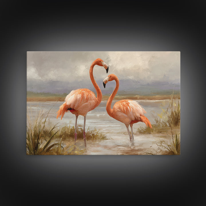 Flamingo Pair Beside Shallow Water Canvas Print, Patio Art, Outdoor Wall Decor, Patio Decor, Fine Art, Outdoor, Yard Decor, PAT-3x2-38