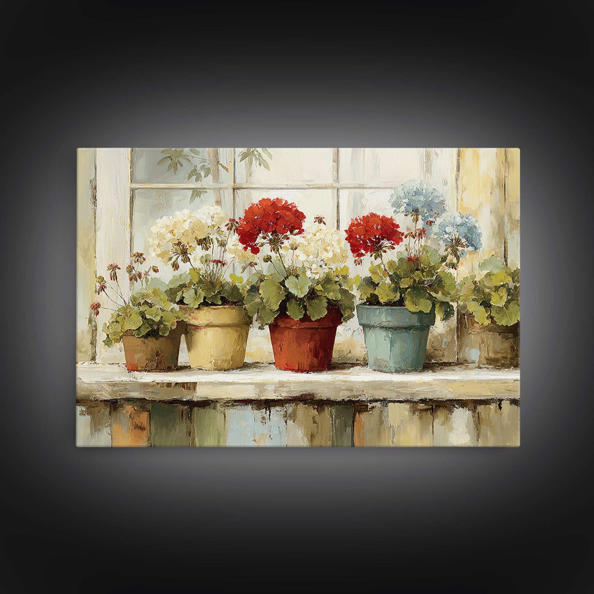 Potted Geraniums in Rustic Clay Pots Canvas Print, Patio Art, Floral Wall Art, Patio Decor, Fine Art, Outdoor, Mixed Media Art, PAT-3x2-42
