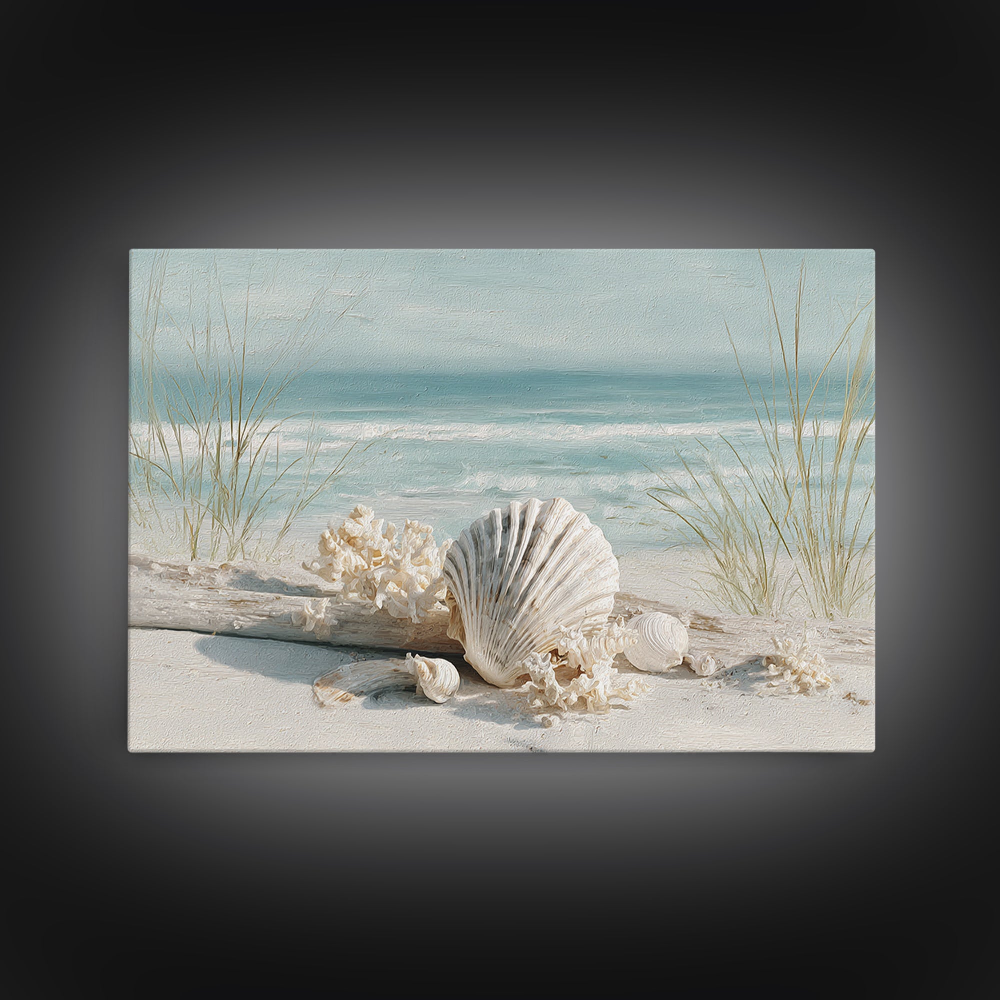 Beachy Shell and Palm Arrangement Framed Canvas Print, Patio Art, Room Decor, Patio Decor, Oil Painting, Outdoor, Garden Art, PAT-3x2-47