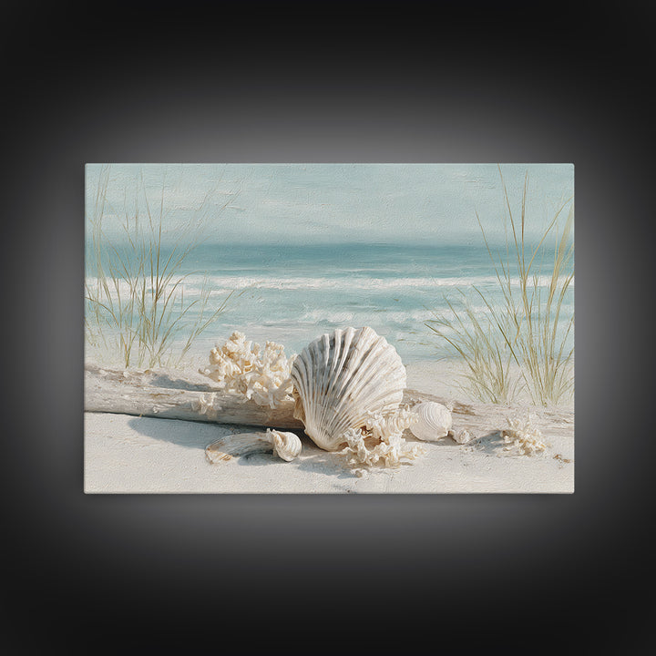 Beachy Shell and Palm Arrangement Framed Canvas Print, Patio Art, Room Decor, Patio Decor, Oil Painting, Outdoor, Garden Art, PAT-3x2-47