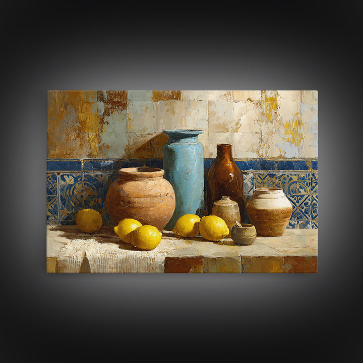 Mediterranean Lemons and Blue Tile Pattern Canvas Print, Patio Art, Bar Art, Patio Decor, Fine Art, Outdoor, Outdoor Art, PAT-3x2-54
