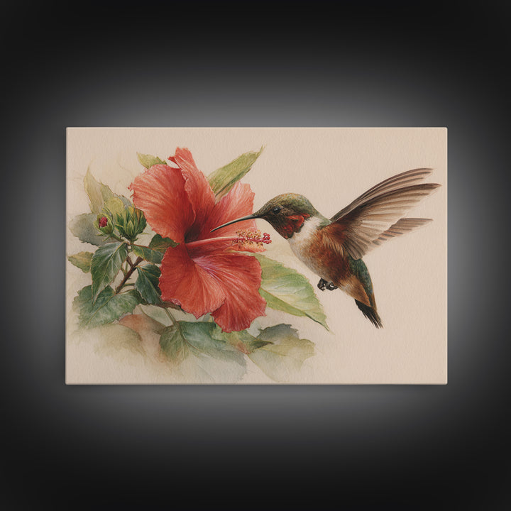 Hummingbird Visiting Bright Hibiscus Framed Canvas Print, Patio Art, Decor, Patio Decor, Oil Painting, Outdoor, PAT-3x2-55