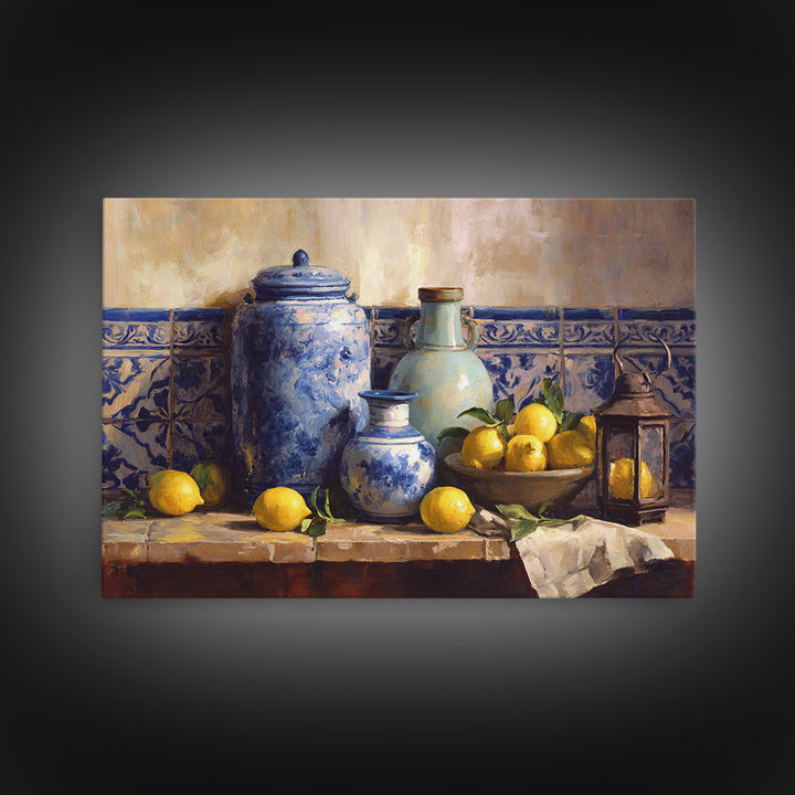 Mediterranean Lemons and Blue Tile Pattern Framed Canvas Print, Patio Art, Yard Art, Patio Decor, Outdoor, Lake House Decor, PAT-3x2-6