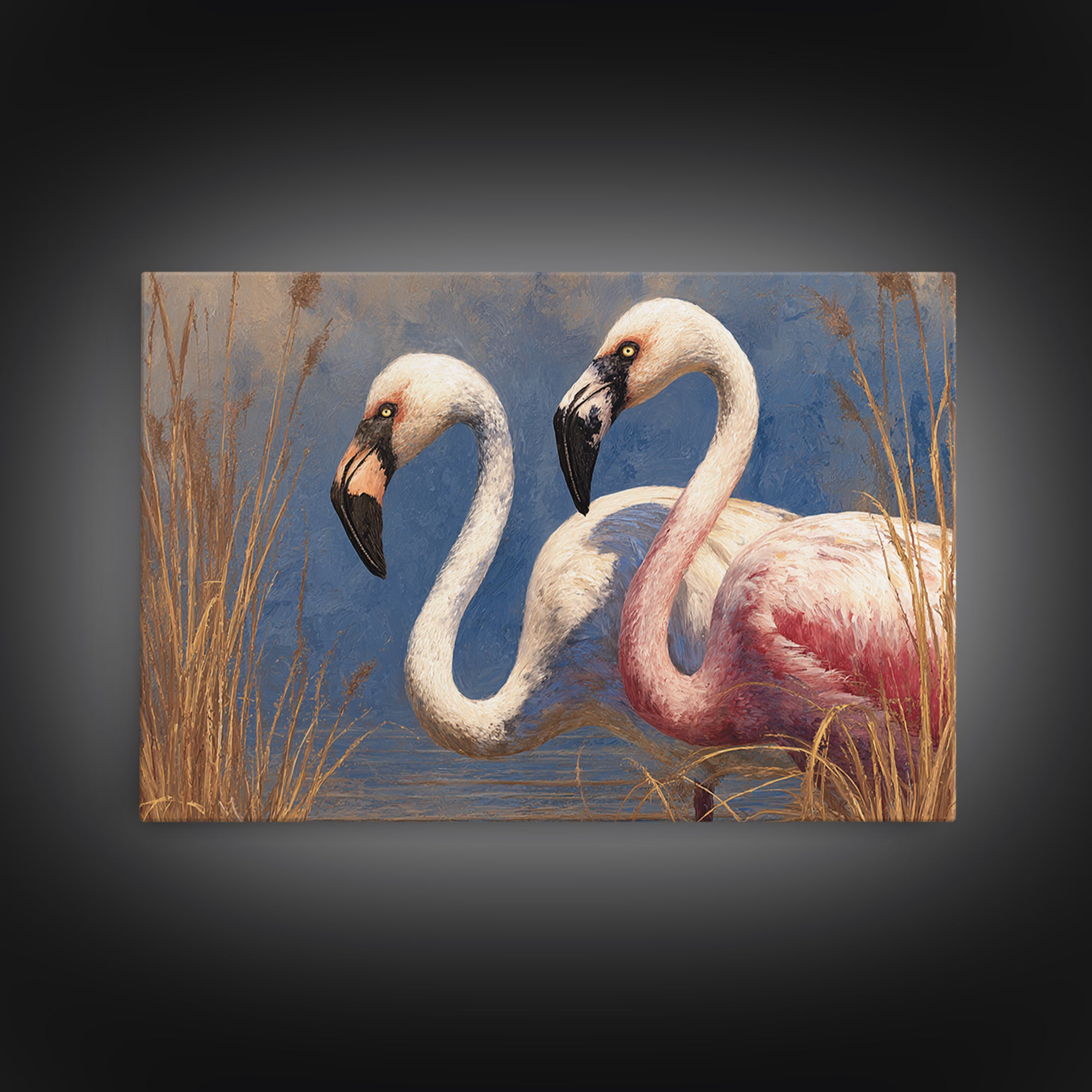 Flamingo Pair Beside Shallow Water Canvas Print, Patio Art, Outdoor Wall Decor, Patio Decor, Fine Art, Outdoor, Yard Decor, PAT-3x2-62