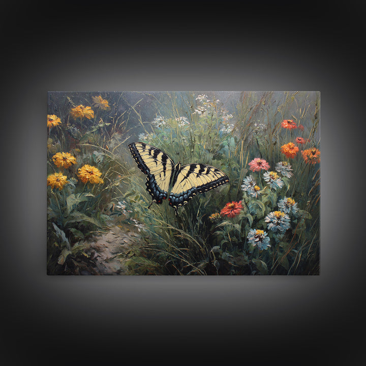 Butterfly Garden with Zinnias and Daisies Framed Canvas Print, Patio Art, Floral Art, Patio Decor, Fine Art, Outdoor, PAT-3x2-65