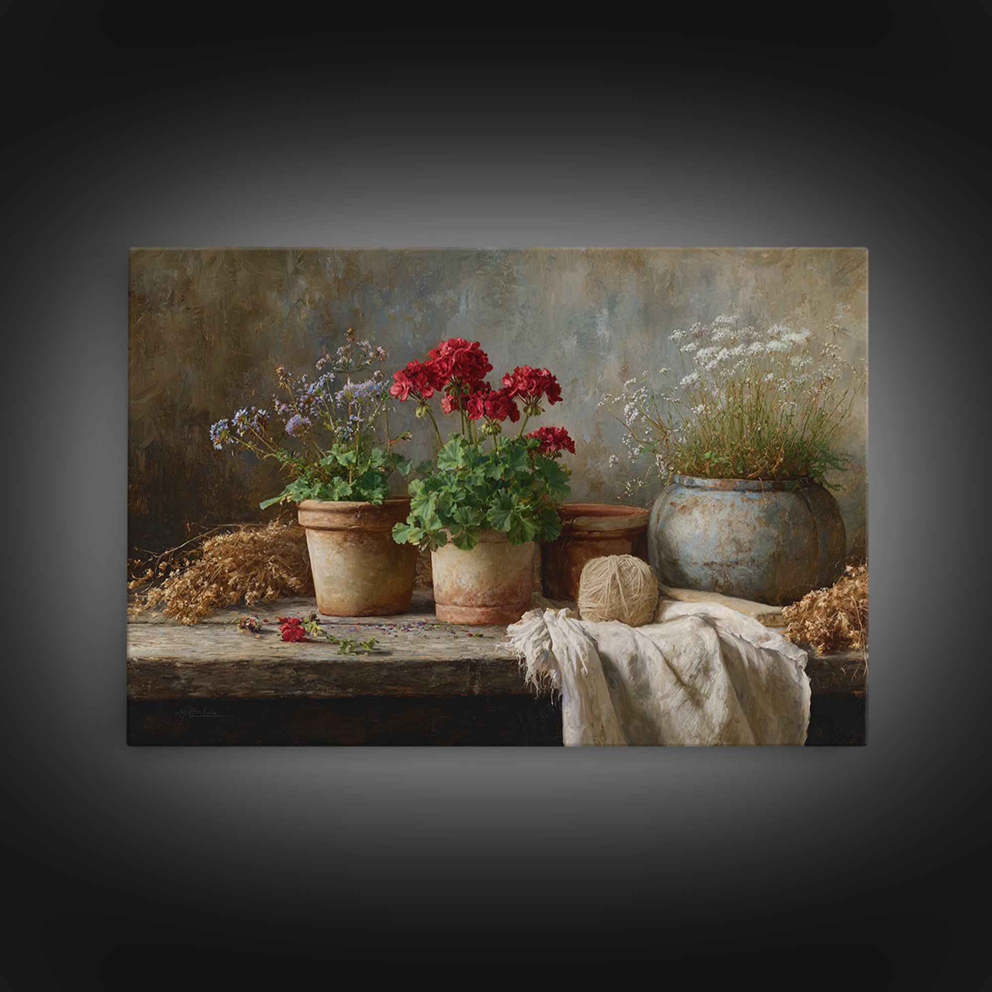 Potted Geraniums in Rustic Clay Pots Canvas Print, Patio Art, Floral Wall Art, Patio Decor, Fine Art, Outdoor, Mixed Media Art, PAT-3x2-66