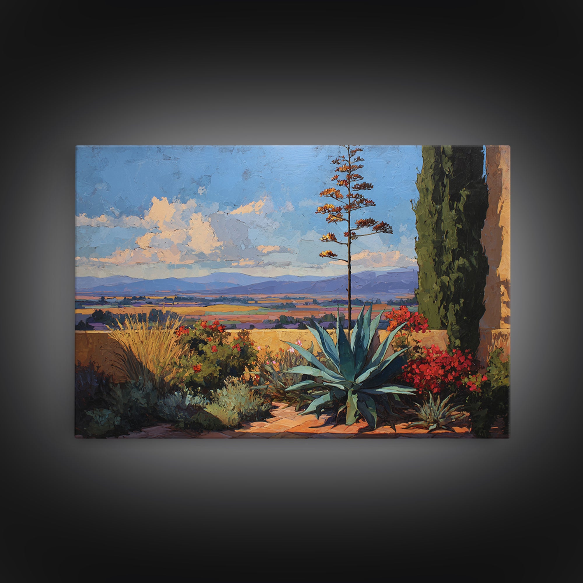 Desert Patio Agave and Bougainvillea Framed Canvas Print, Patio Art, Lake House Decor, Patio Decor, Fine Art, Outdoor, PAT-3x2-69