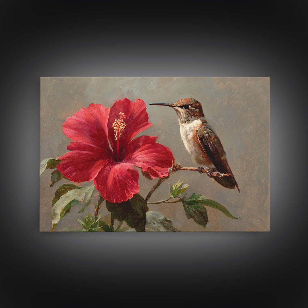 Hummingbird Visiting Bright Hibiscus Framed Canvas Print, Patio Art, Patio Decor, Abstract Art, Outdoor, Floral Wall Art, PAT-3x2-7