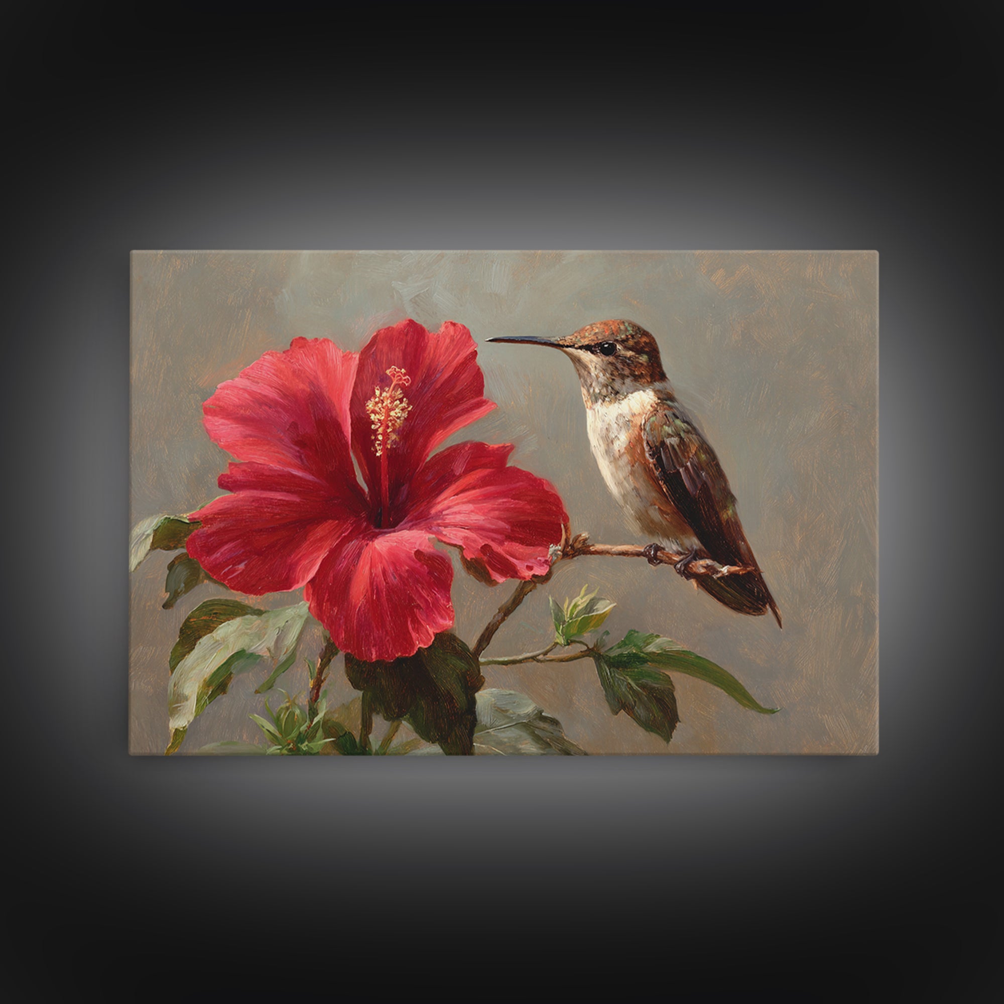 Hummingbird Visiting Bright Hibiscus Framed Canvas Print, Patio Art, Patio Decor, Abstract Art, Outdoor, Floral Wall Art, PAT-3x2-7