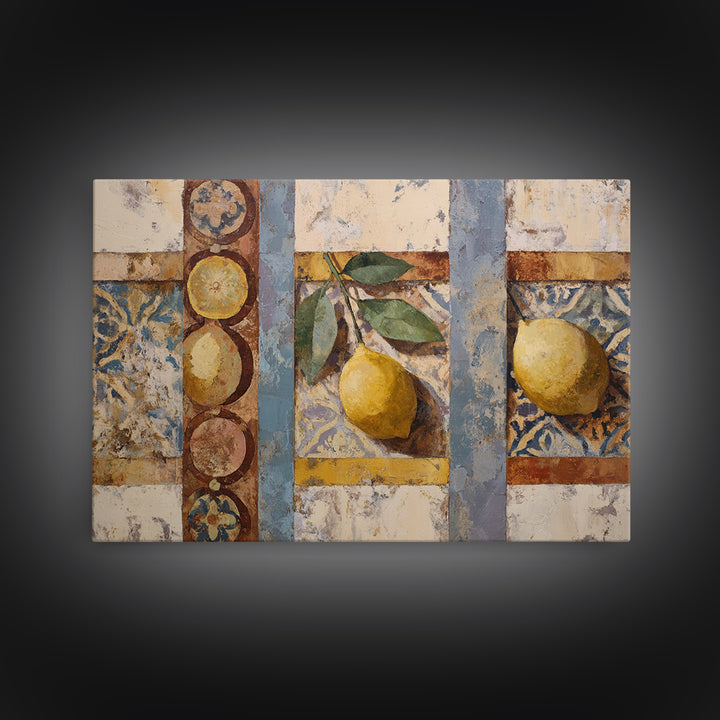Mediterranean Lemons and Blue Tile Pattern Framed Canvas Print, Patio Art, Floral Art, Patio Decor, Fine Art, Outdoor, PAT-3x2-78