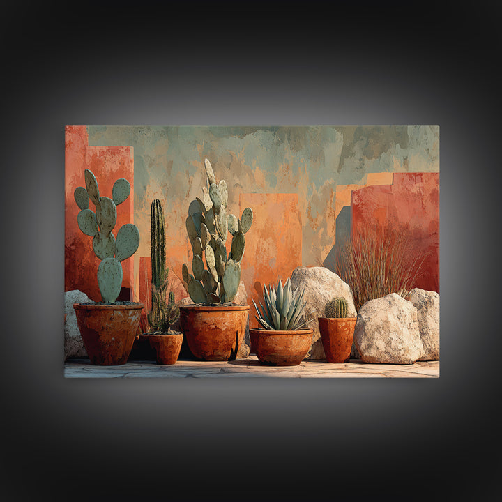 Cactus and Agave Framed Canvas Print, Patio Art, Metal Art, Patio Decor, Oil Painting, Outdoor, Patio Cushions, Yard Decor, PAT-3x2-8