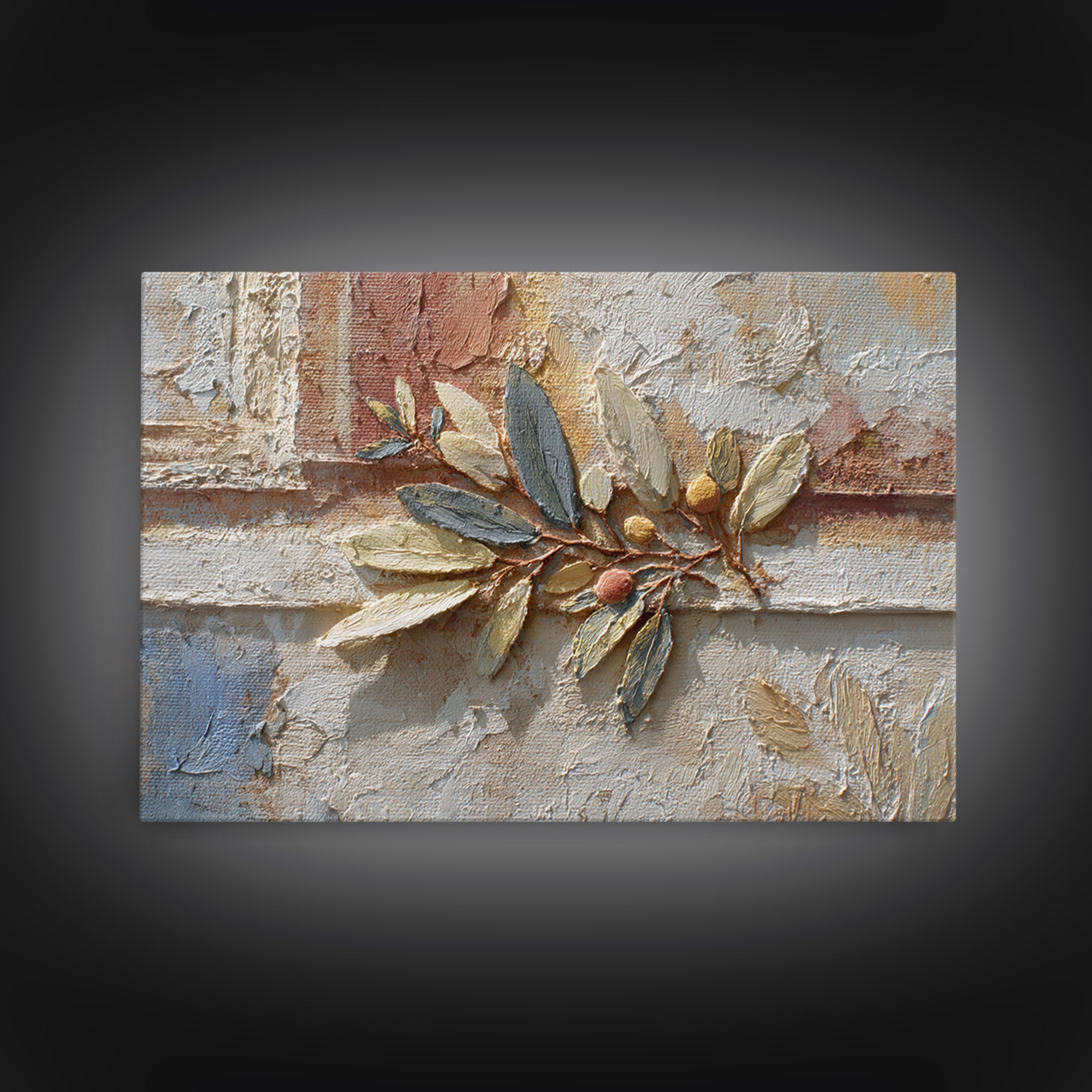 Olive Branch Wreath on Warm Plaster Framed Canvas Print, Patio Art, Family Wall Art, Patio Decor, Fine Art, Outdoor, Room Decor, PAT-3x2-85