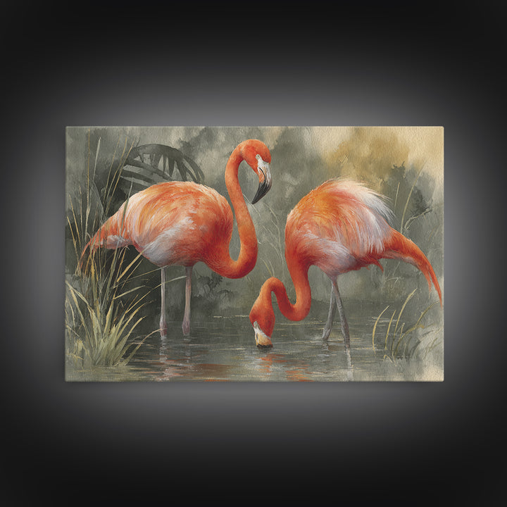 Flamingo Pair Beside Shallow Water Framed Canvas Print, Patio Art, Patio Decor, Fine Art, Outdoor, Gallery Decor, Neutral Decor, PAT-3x2-86