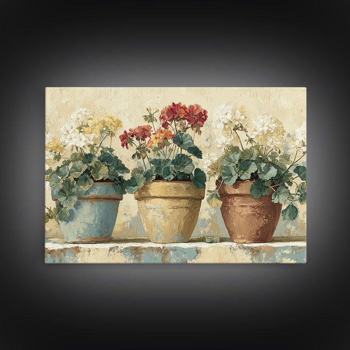 Potted Geraniums in Rustic Clay Pots Framed Canvas Print, Patio Art, Beach Art, Patio Decor, Fine Art, Outdoor, Neutral Decor, PAT-3x2-90