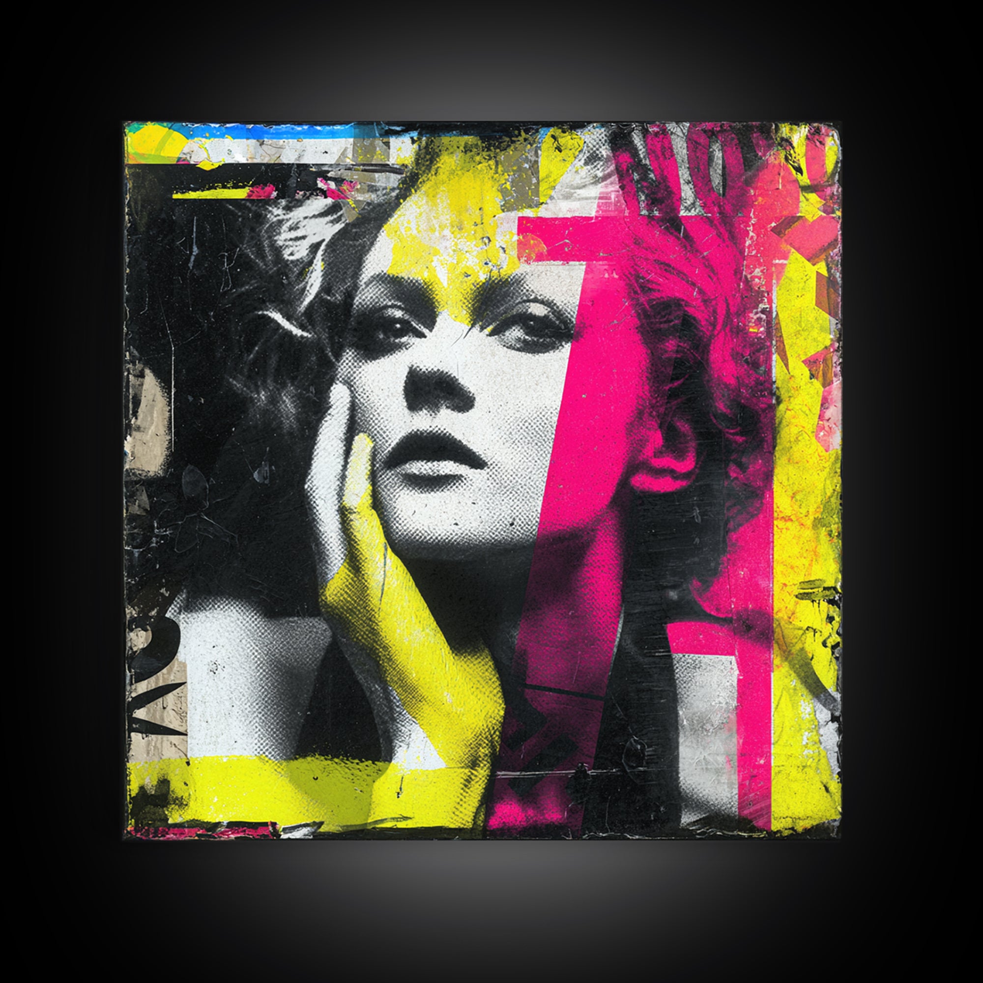 Neon Portrait with Thick Black Outlines Framed Canvas Print, Pop Art, Eclectic Home Decor, Living Room Decor, Fine Art, Pop, POP-1x1-100
