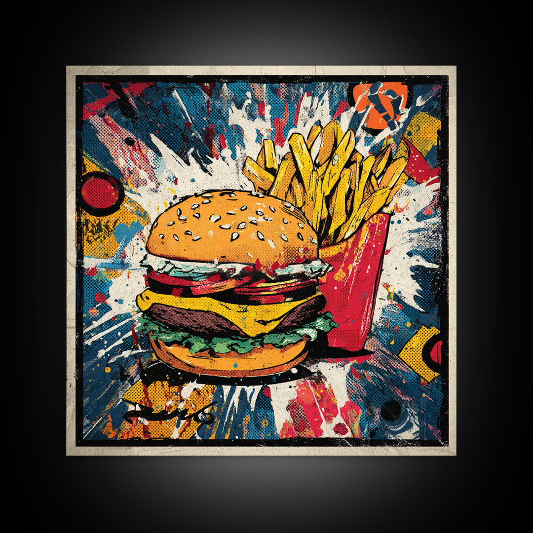 Hamburger and Fries Framed Canvas Print, Pop Art, Statement Artwork, Living Room Decor, Abstract Art, Pop, Wall Decor, POP-1x1-33