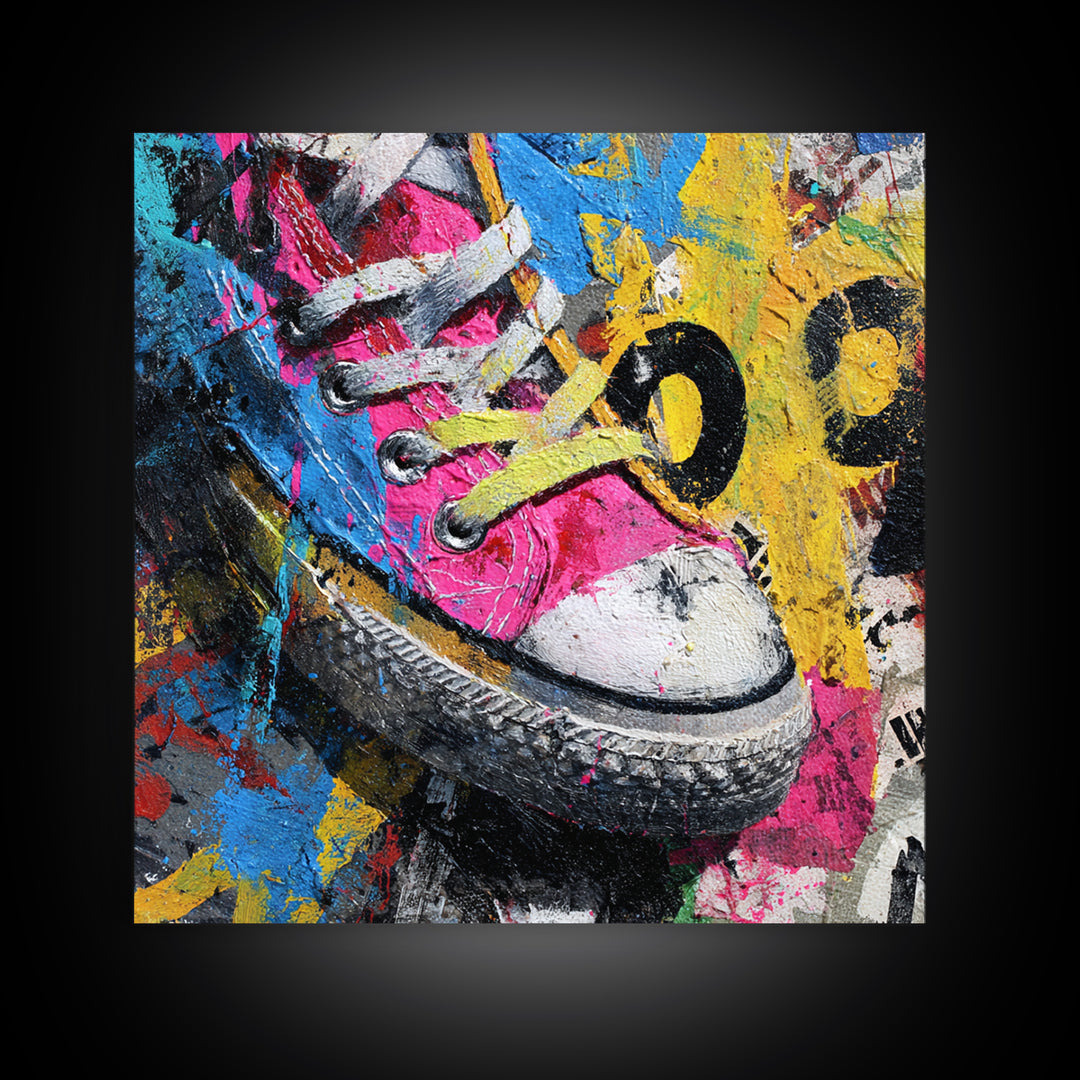 Sneaker Closeup in Bright Pop Colors Framed Canvas Print, Pop Art, Mexican Art, Living Room Decor, Oil Painting, Pop, POP-1x1-43