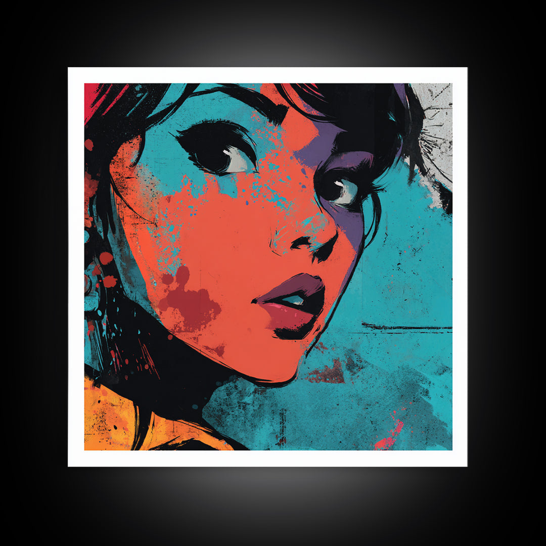Neon Portrait with Thick Black Outlines Canvas Print, Pop Art, Dark Art, Living Room Decor, Oil Painting, Pop, POP-1x1-76