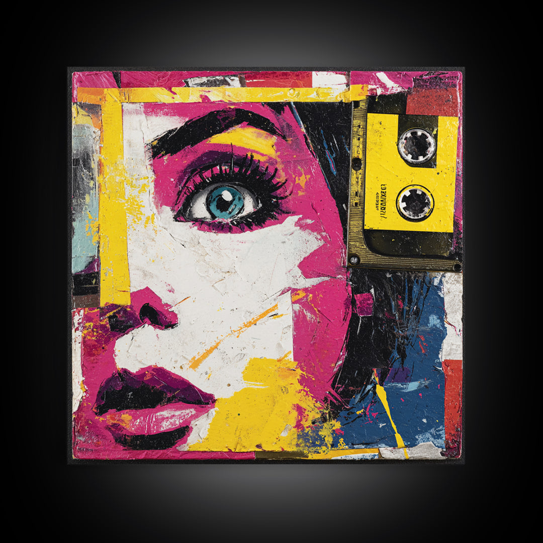 Colorful Cassette Tape Graphic Framed Canvas Print, Pop Art, Football Wall Art, Living Room Decor, Abstract Art, Pop, POP-1x1-84