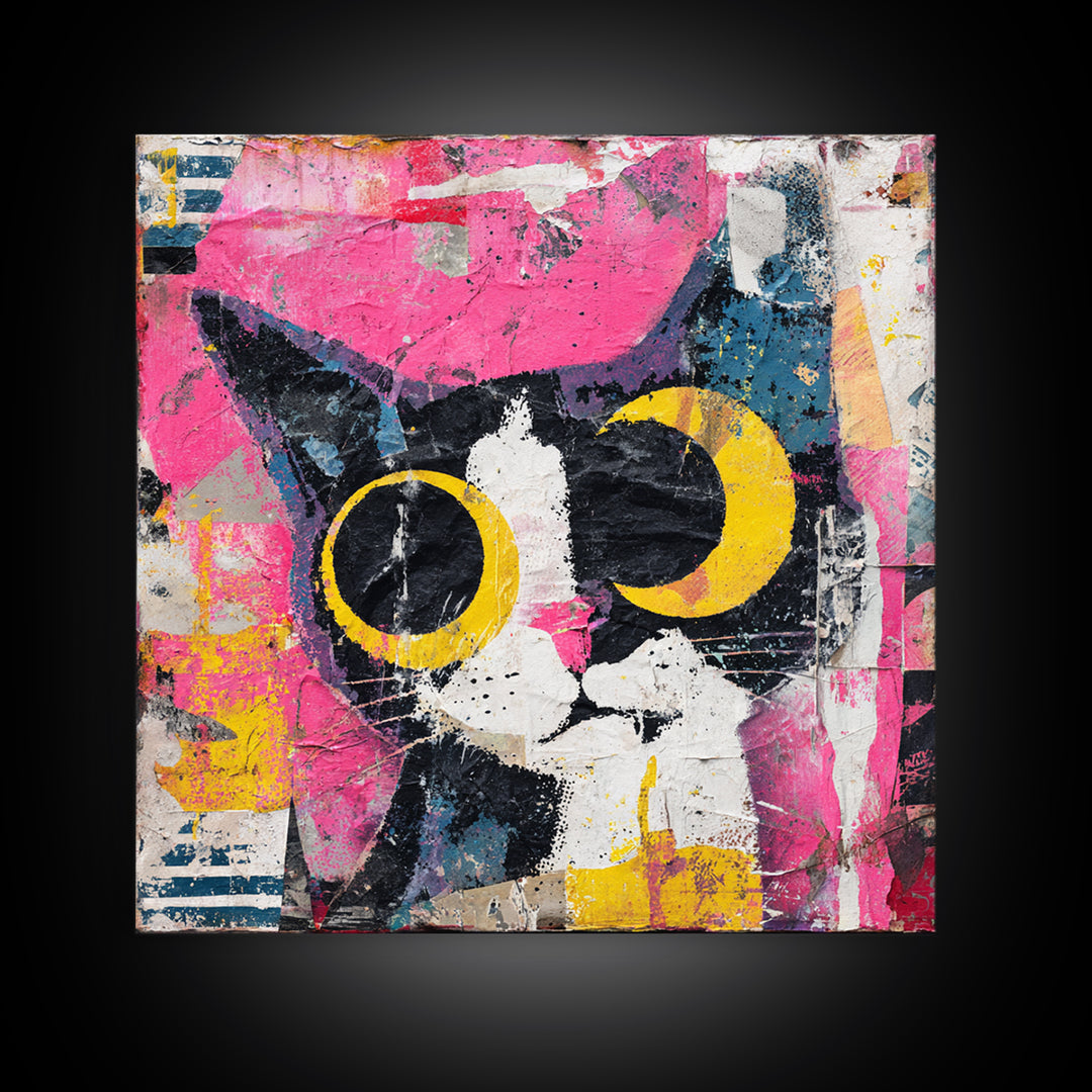 Comic Cat with Oversized Eyes Canvas Print, Pop Art, 3d Art, Living Room Decor, Fine Art, Pop, Textured Painting, POP-1x1-90