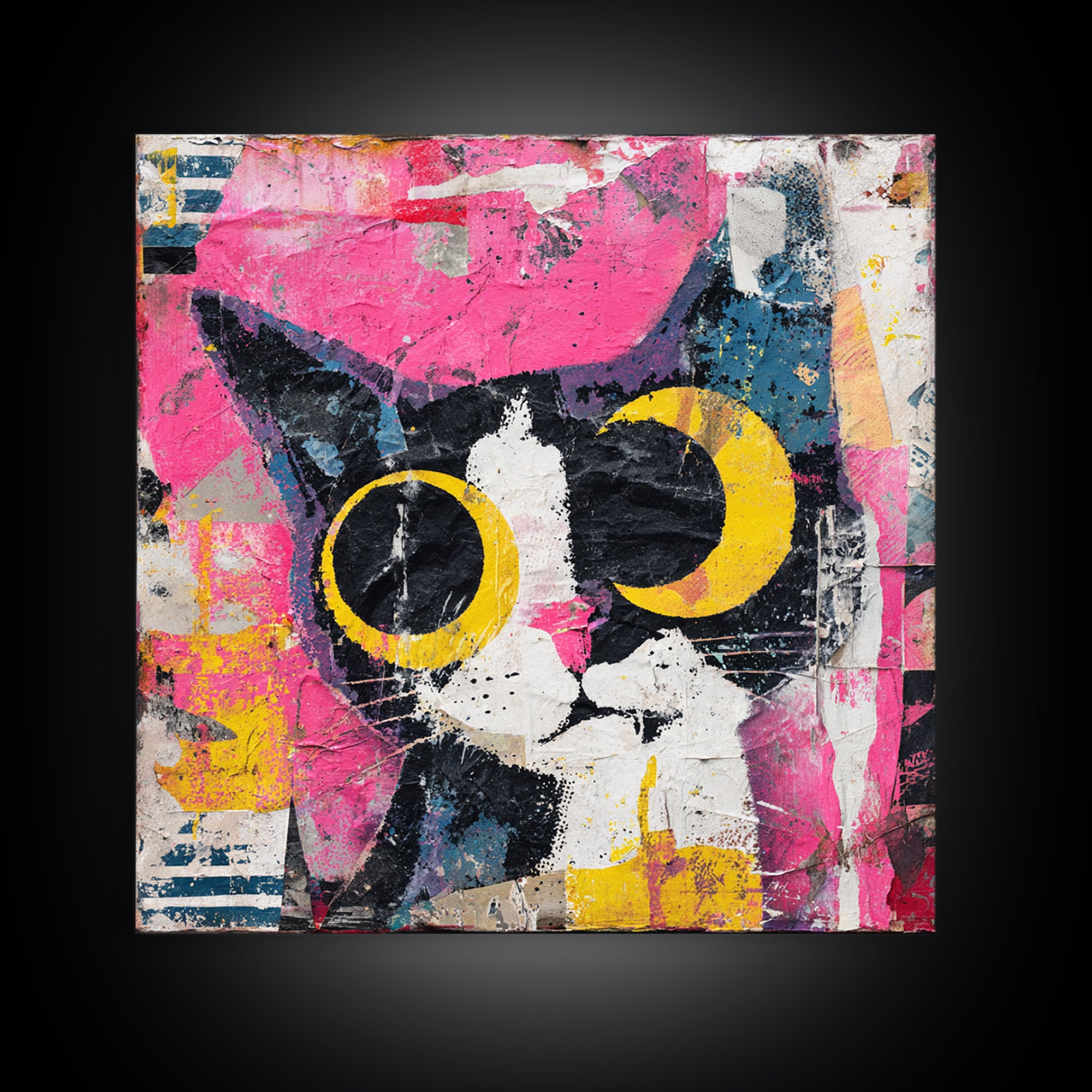 Comic Cat with Oversized Eyes Canvas Print, Pop Art, 3d Art, Living Room Decor, Fine Art, Pop, Textured Painting, POP-1x1-90