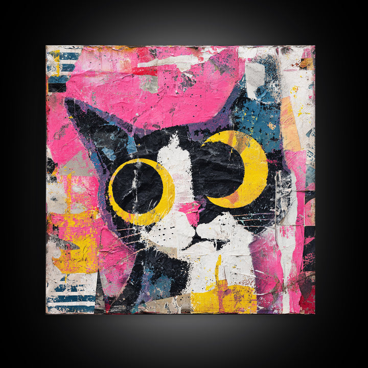 Comic Cat with Oversized Eyes Canvas Print, Pop Art, 3d Art, Living Room Decor, Fine Art, Pop, Textured Painting, POP-1x1-90