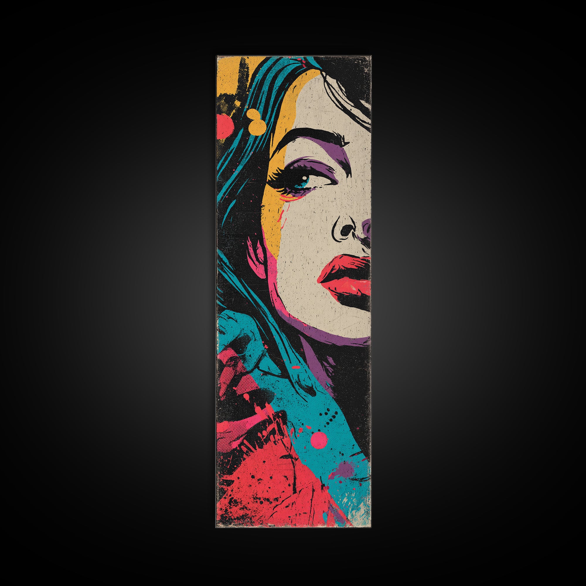 Neon Portrait with Thick Black Outlines Framed Canvas Print, Pop Art, Original Painting, Living Room Decor, Fine Art, Pop, POP-1x3-64