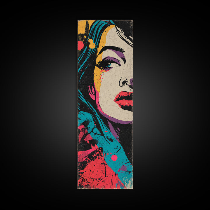 Neon Portrait with Thick Black Outlines Framed Canvas Print, Pop Art, Original Painting, Living Room Decor, Fine Art, Pop, POP-1x3-64