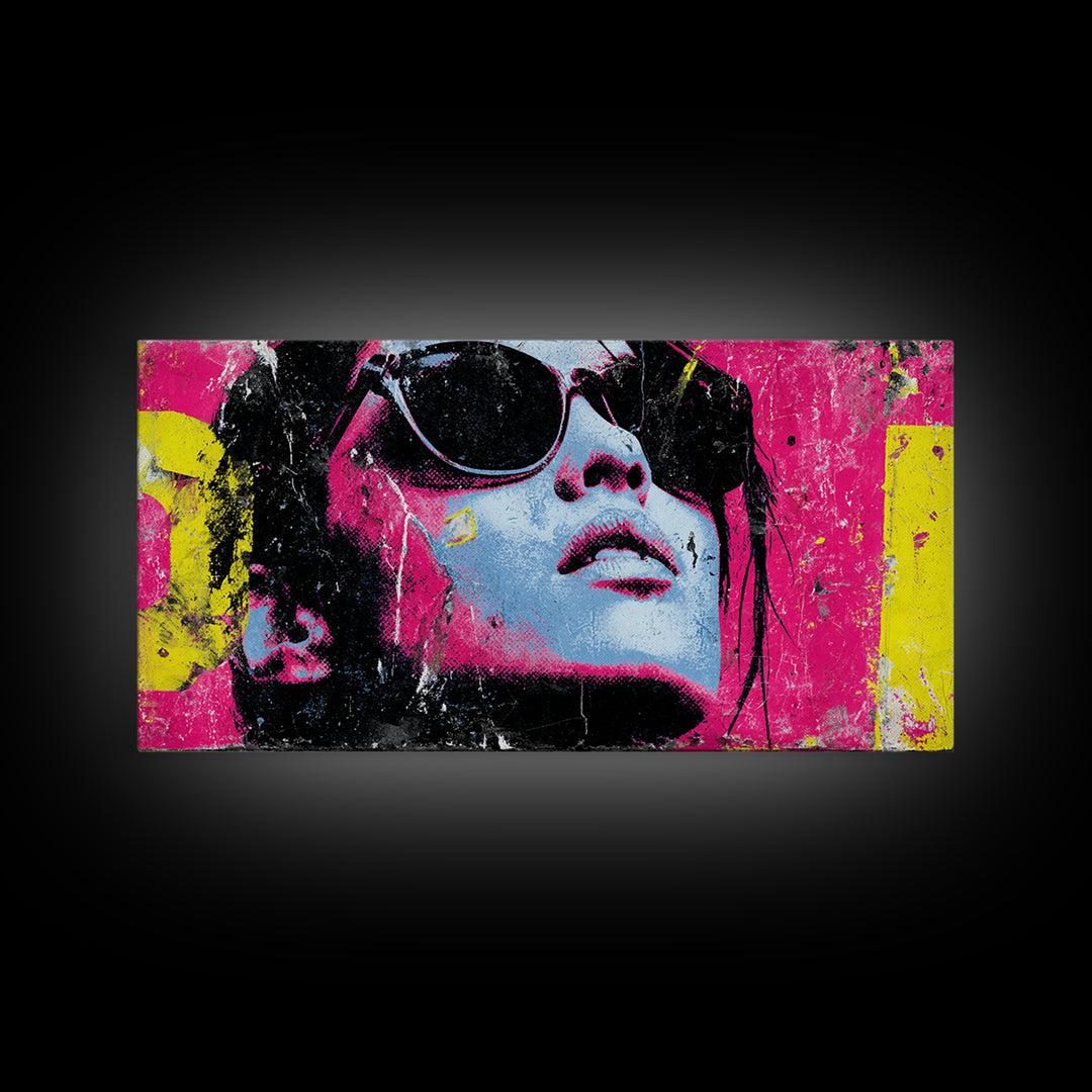 Glamorous Sunglasses Face Framed Canvas Print, Pop Art, Food Art, Living Room Decor, Pop, Fine Art Print, Statement Artwork, POP-2x1-100