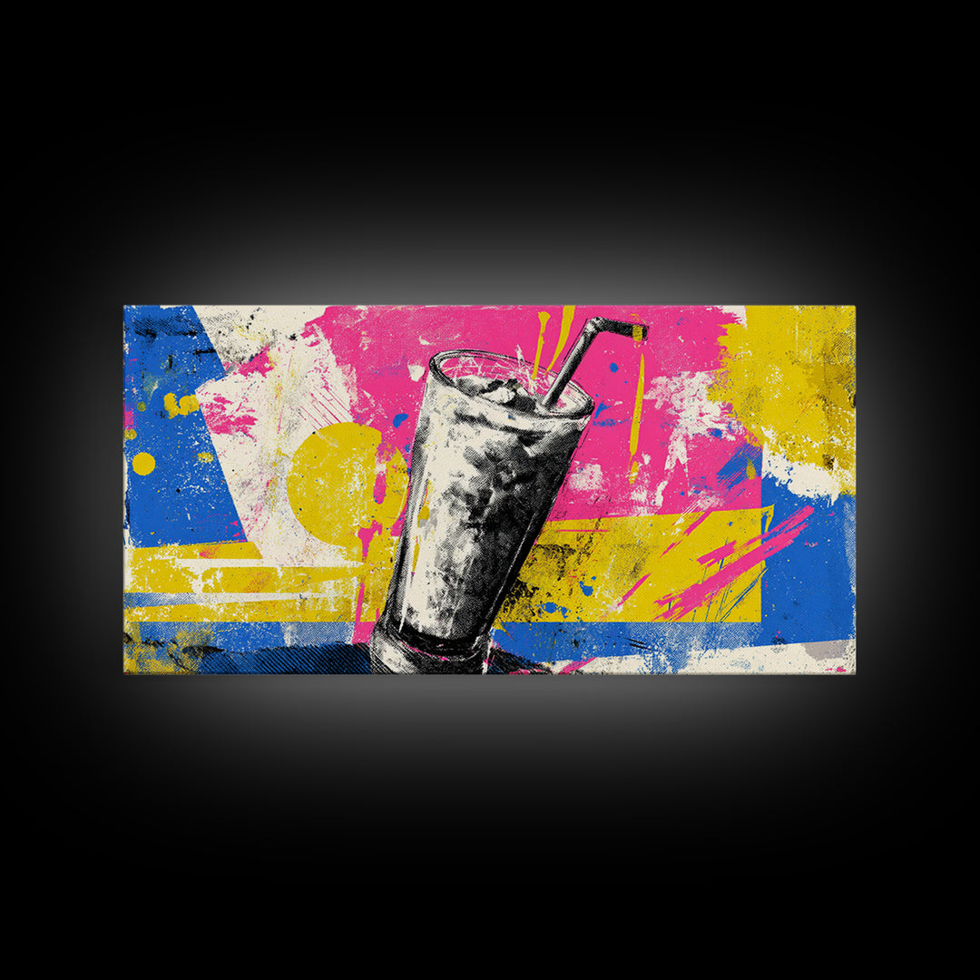 Milkshake Glass with Retro Diner Palette Framed Canvas Print, Pop Art, Art Print, Living Room Decor, Pop, Custom Portrait, POP-2x1-12
