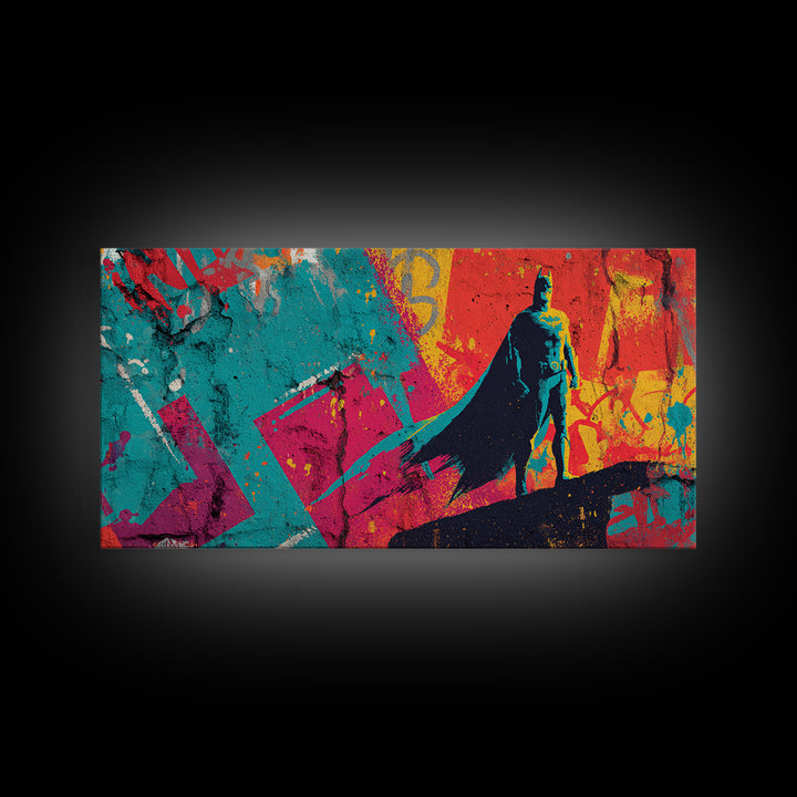 Superhero Silhouette in Dynamic Color Fields Framed Canvas Print, Pop Art, Living Room Decor, Abstract Art, Pop, POP-2x1-35
