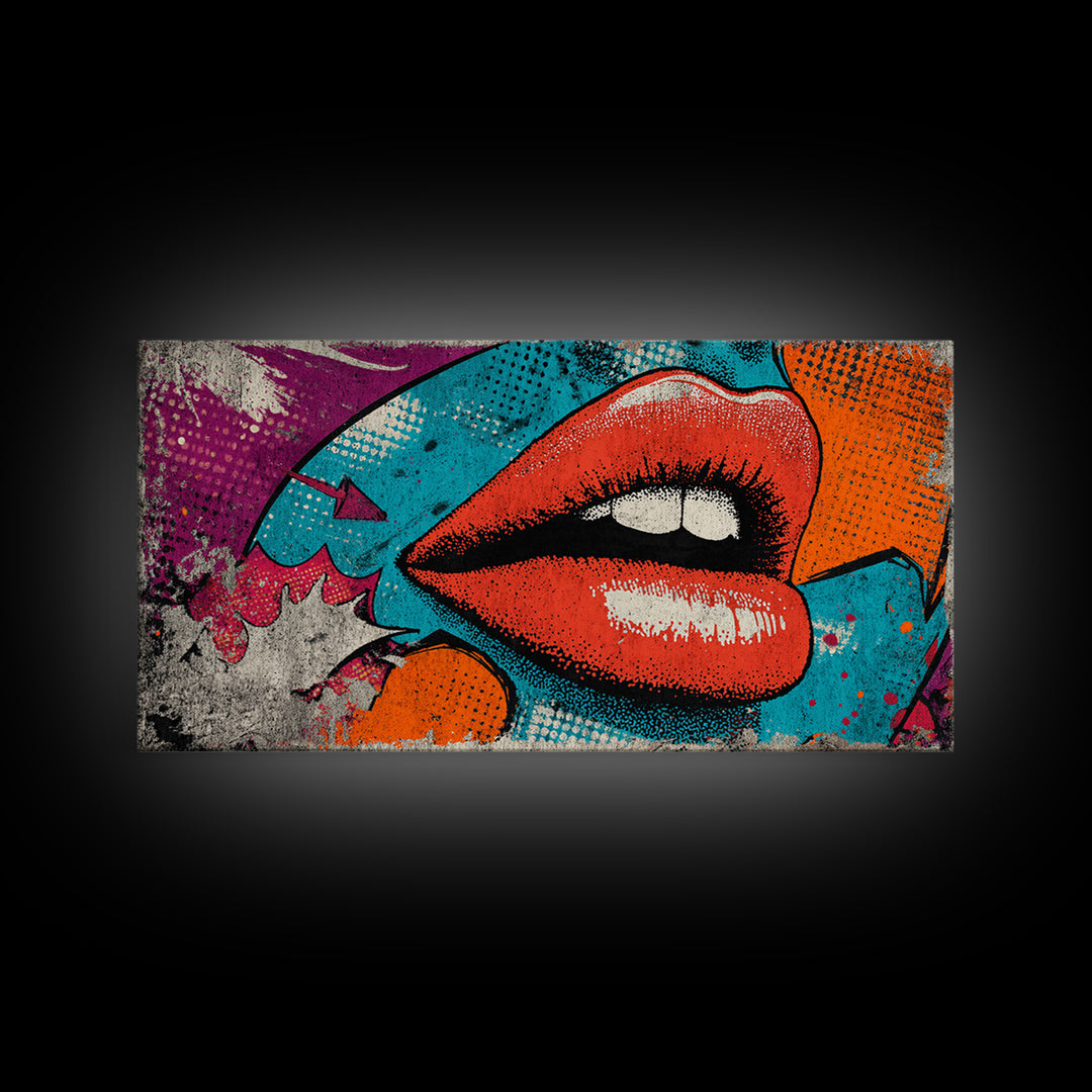 Bold Comic Lips Framed Canvas Print, Pop Art, Decor, Living Room Decor, Fine Art, Pop, Dopamine Decor, Mexican Art, Modern Art, POP-2x1-45