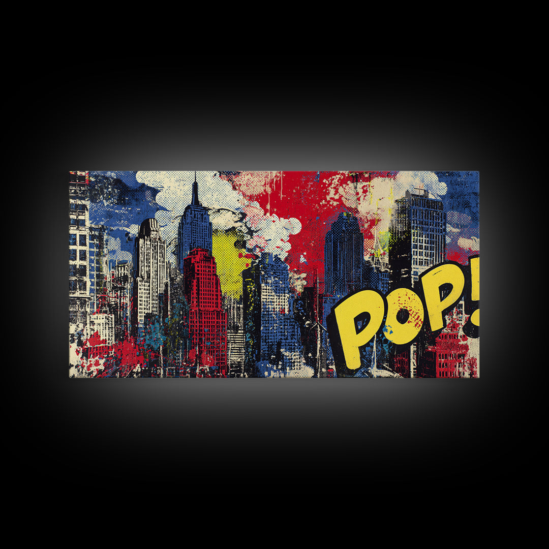 Comic Book City Skyline Canvas Print, Pop Art, Custom Portrait, Living Room Decor, Abstract Art, Pop, Mexican Art, Modern Art, POP-2x1-49