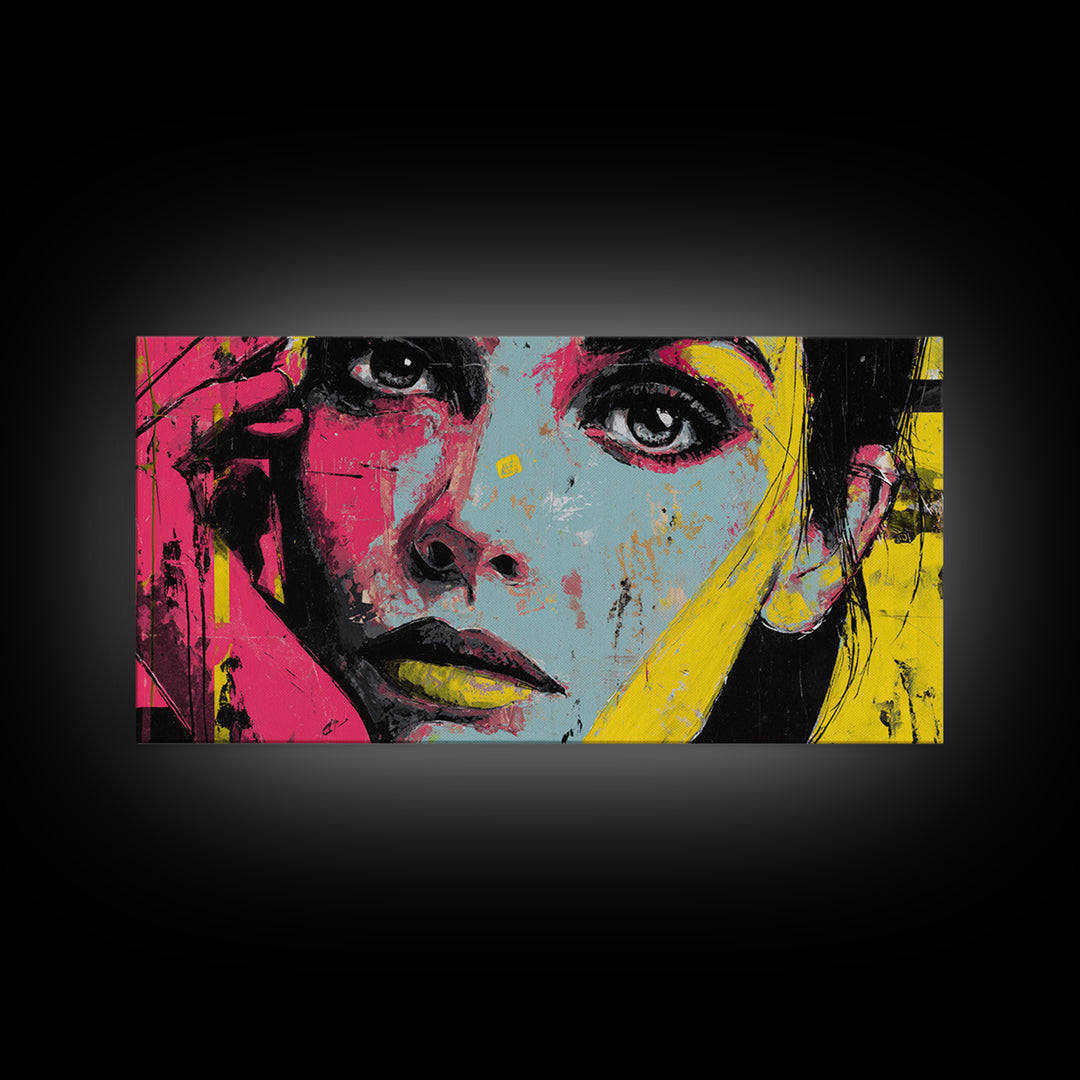 Neon Portrait with Thick Black Outlines Framed Canvas Print, Pop Art, Canvas, Living Room Decor, Oil Painting, Pop, Food Art, POP-2x1-72