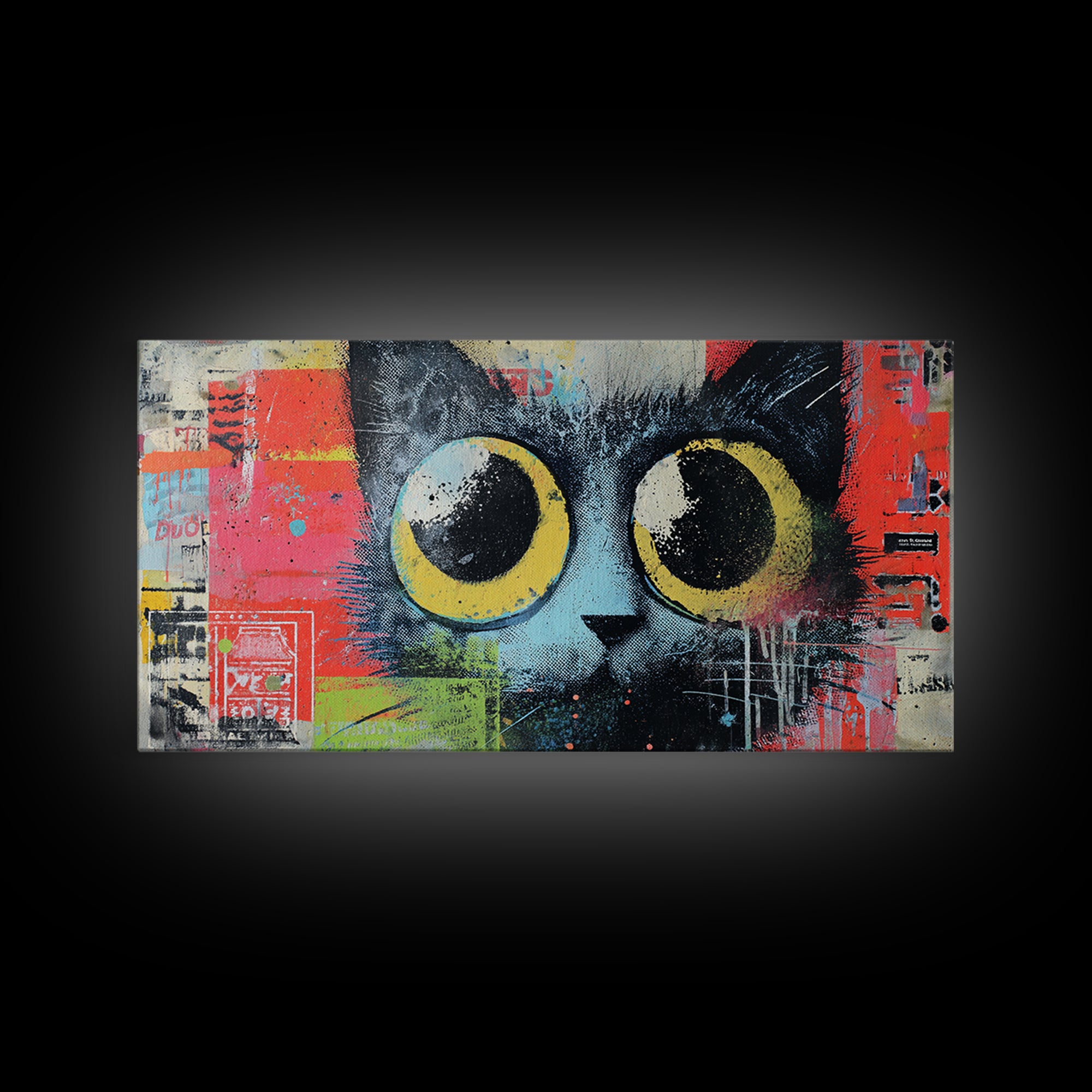 Comic Cat with Oversized Eyes Framed Canvas Print, Pop Art, Home Decor, Living Room Decor, Fine Art, Pop, Canvas Wall Art, POP-2x1-86