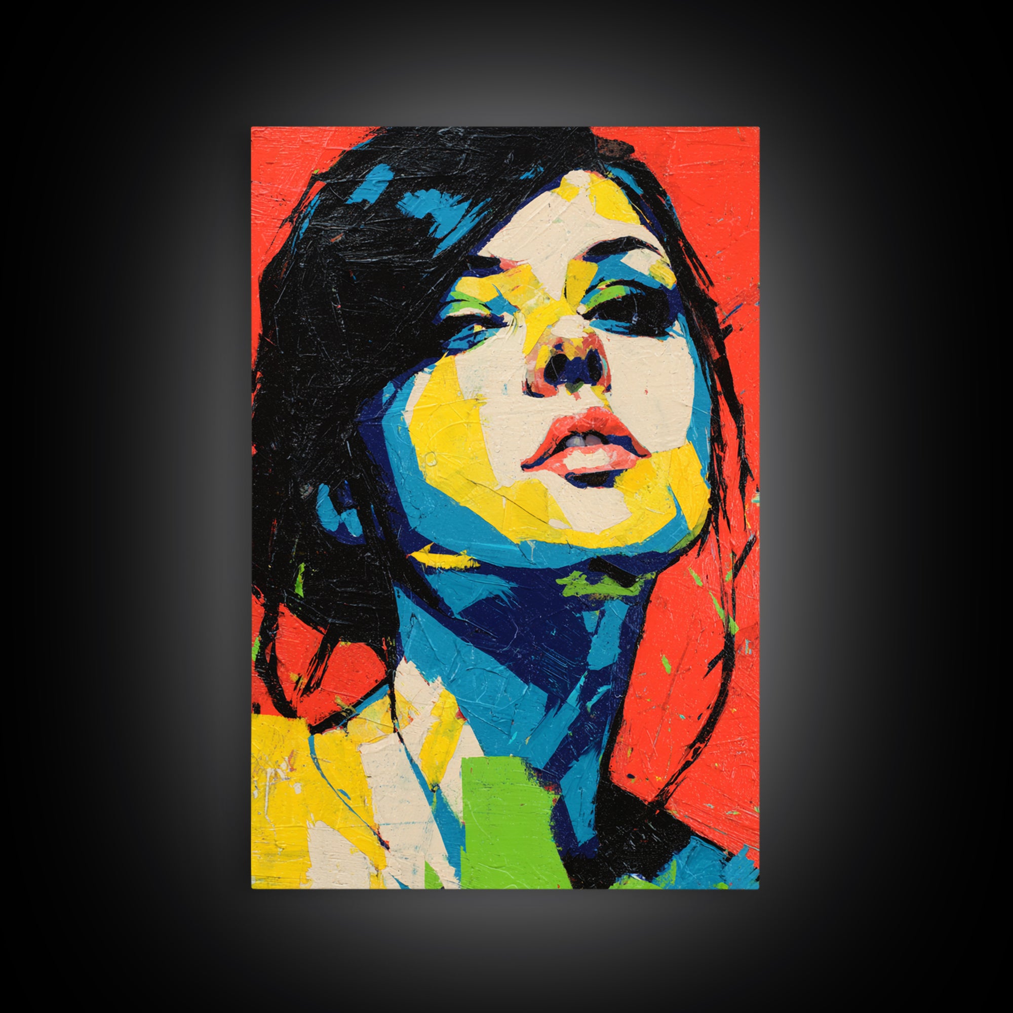 Neon Portrait with Thick Black Outlines Framed Canvas Print, Pop Art, Minimalist Decor, Living Room Decor, Fine Art, Pop, POP-2x3-12