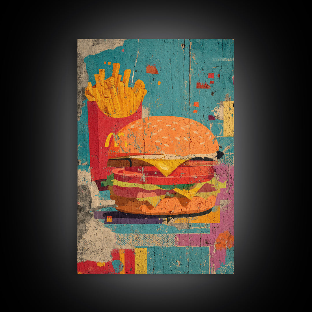 Hamburger and Fries Framed Canvas Print, Pop Art, Wall Decor, Living Room Decor, Abstract Art, Pop, Portrait, Apartment Decor, POP-2x3-17