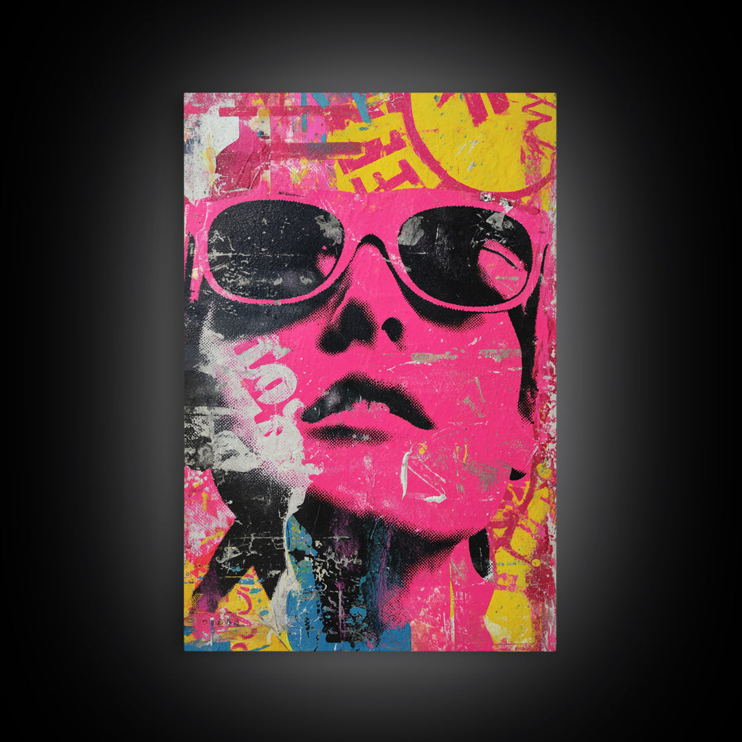 Glamorous Sunglasses Face Framed Canvas Print, Pop Art, Custom Portrait, Living Room Decor, Fine Art, Pop, Mexican Art, POP-2x3-88