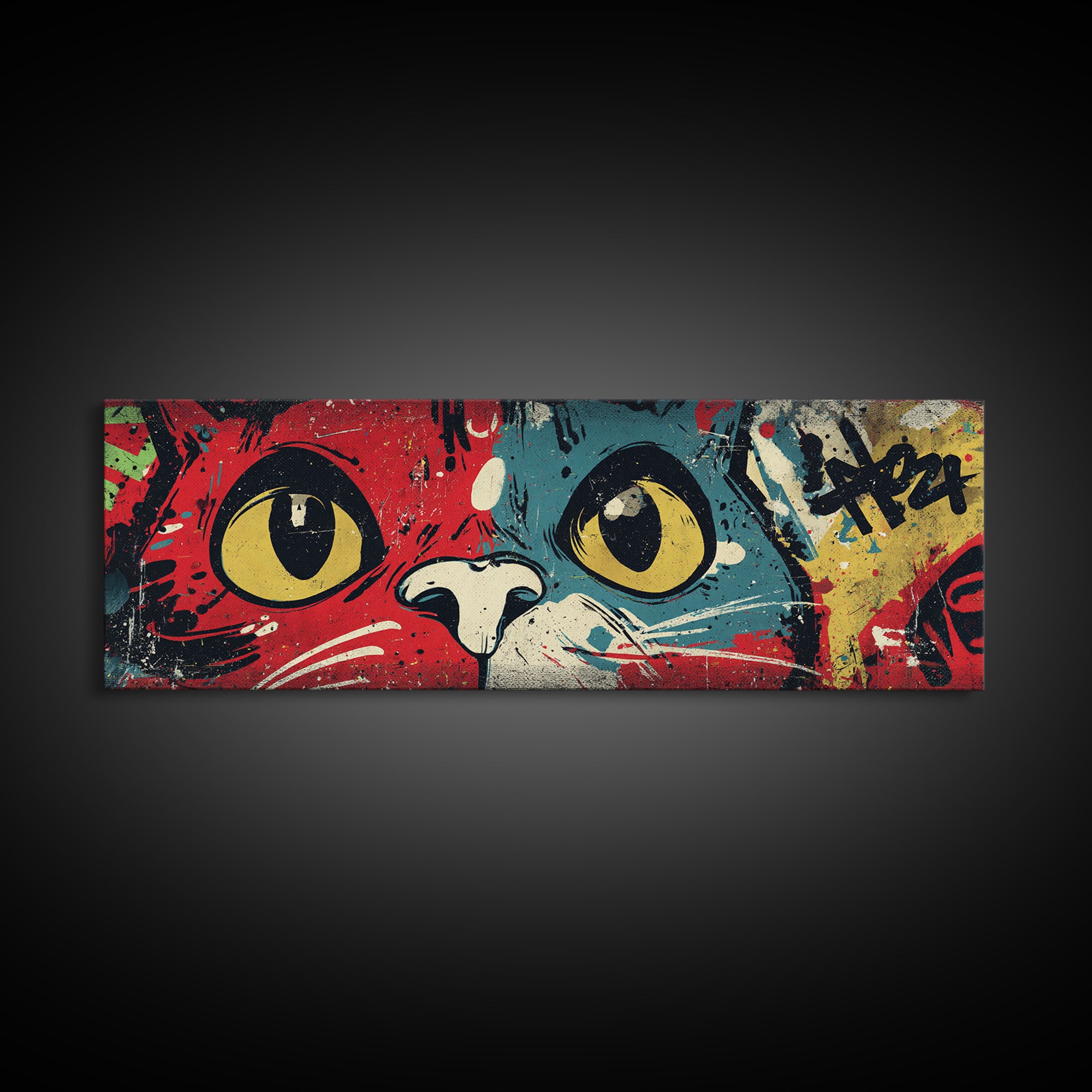 Comic Cat with Oversized Eyes Framed Canvas Print, Pop Art, Original Art, Living Room Decor, Fine Art, Pop, Original Artwork, POP-3x1-58